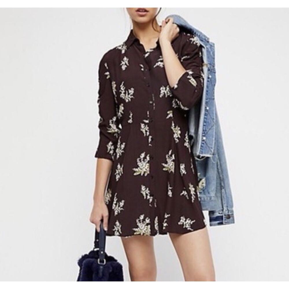 Free People Lovely Mini Dress Size XS Plum Brown Floral Button Down Collar Boho - Picture 1 of 9